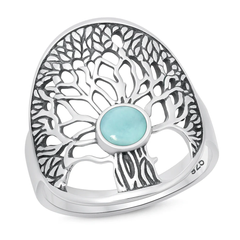 Sterling Silver Oxidized And Polished Tree Of Life Larimar Stone Ring