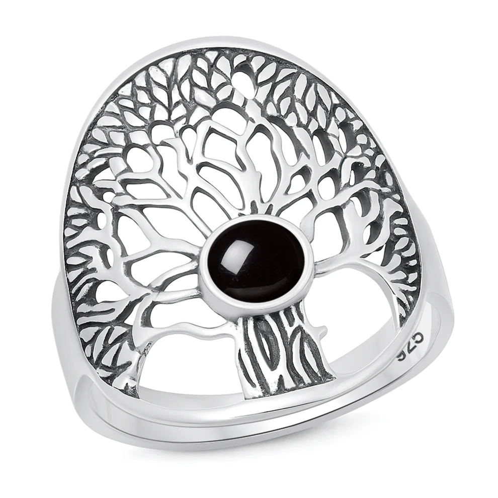 Sterling Silver Oxidized And Polished Black Agate Stone Tree Of Life Ring
