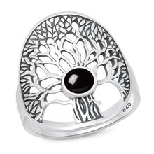 Load image into Gallery viewer, Sterling Silver Oxidized And Polished Black Agate Stone Tree Of Life Ring