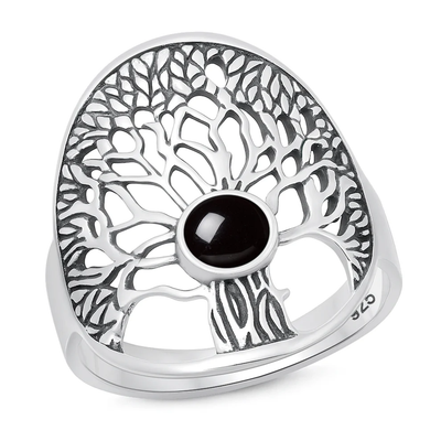 Sterling Silver Oxidized And Polished Tree Of Life Black Onyx Stone Ring