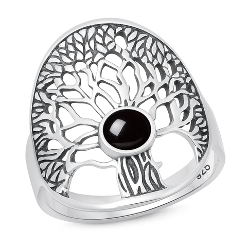 Sterling Silver Oxidized And Polished Tree Of Life Black Onyx Stone Ring