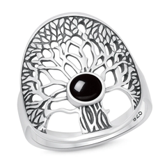 Sterling Silver Oxidized And Polished Black Agate Stone Tree Of Life Ring