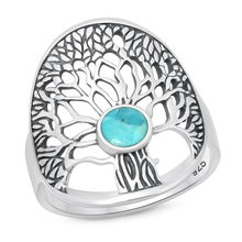 Load image into Gallery viewer, Sterling Silver Oxidized And Polished Tree Of Life Genuine Turquoise Stone Ring