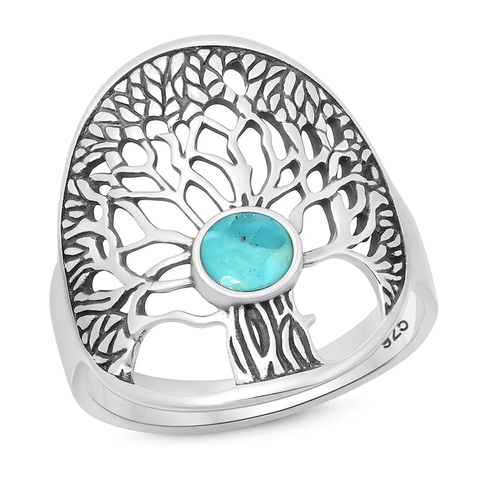 Sterling Silver Oxidized And Polished Tree Of Life Genuine Turquoise Stone Ring
