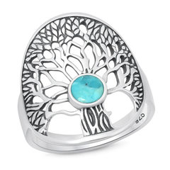 Sterling Silver Oxidized And Polished Tree Of Life Genuine Turquoise Stone Ring