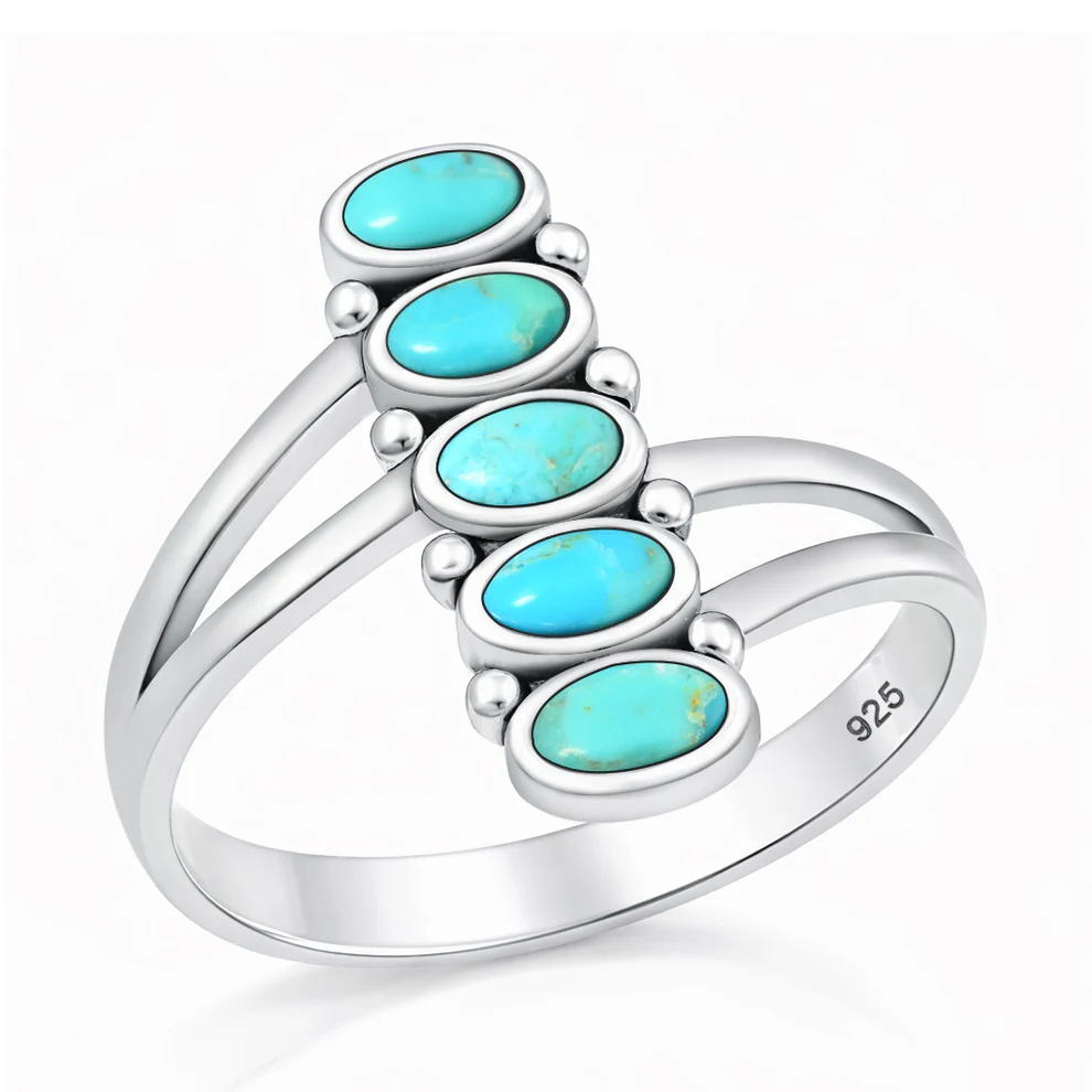 Sterling Silver Oxidized And Polished Stacked Ovals Genuine Turquoise Stone Ring