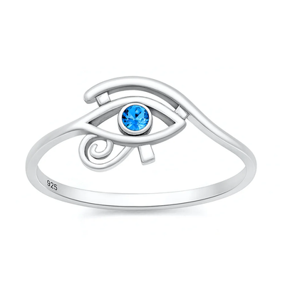 Sterling Silver Oxidized And Polished Blue Topaz CZ Eye Of Horus Ring