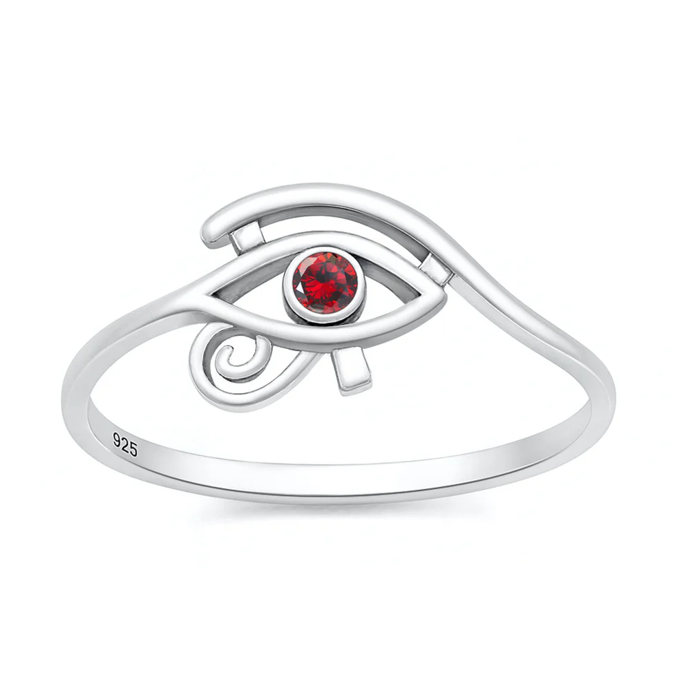 Sterling Silver Oxidized And Polished Garnet CZ Eye Of Horus Ring