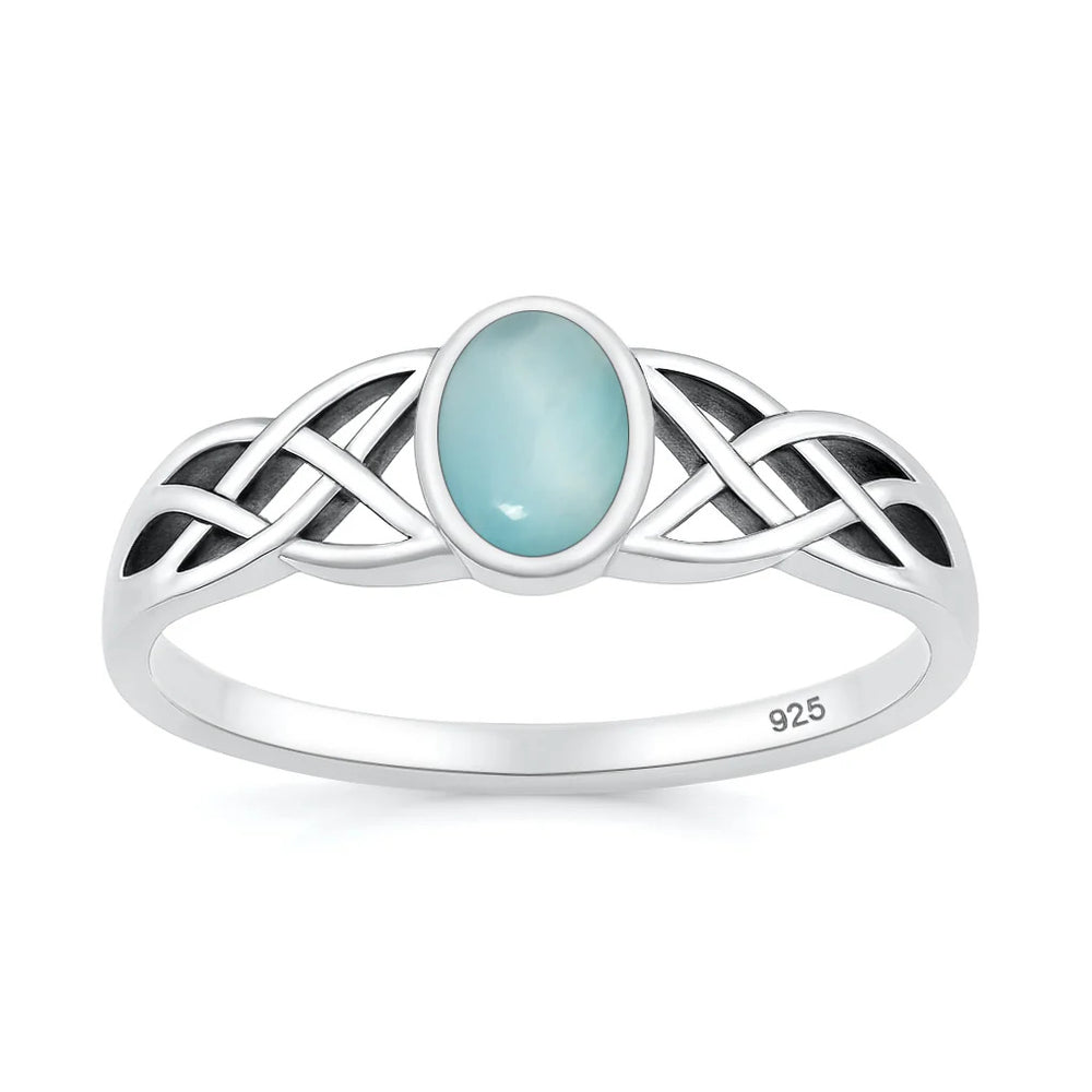 Sterling Silver Oxidized And Polished Celtic Knots Larimar Stone Ring
