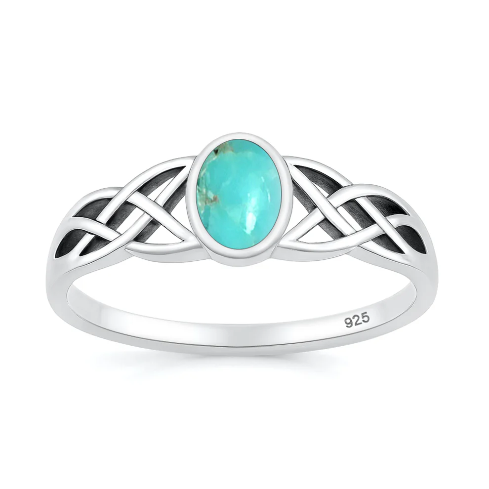 Sterling Silver Oxidized And Polished Celtic Genuine Turquoise Stone Ring