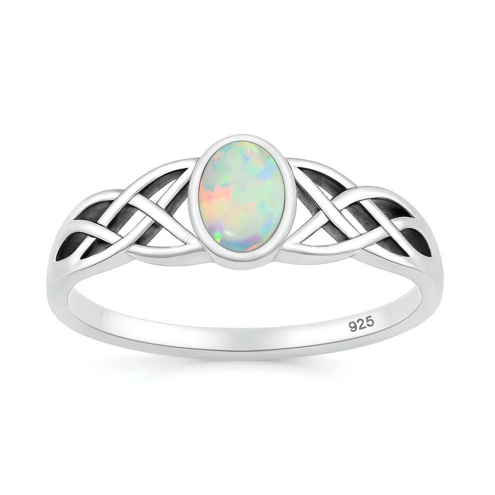 Sterling Silver Oxidized And Polished Celtic White Lab Opal Ring