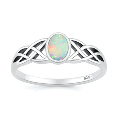 Sterling Silver Oxidized And Polished Celtic White Lab Opal Ring