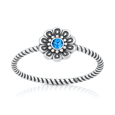 Sterling Silver Oxidized And Polished Blue Topaz CZ Flower Ring