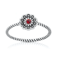 Load image into Gallery viewer, Sterling Silver Oxidized And Polished Garnet CZ Flower Ring