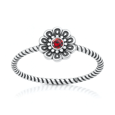 Sterling Silver Oxidized And Polished Garnet CZ Flower Ring