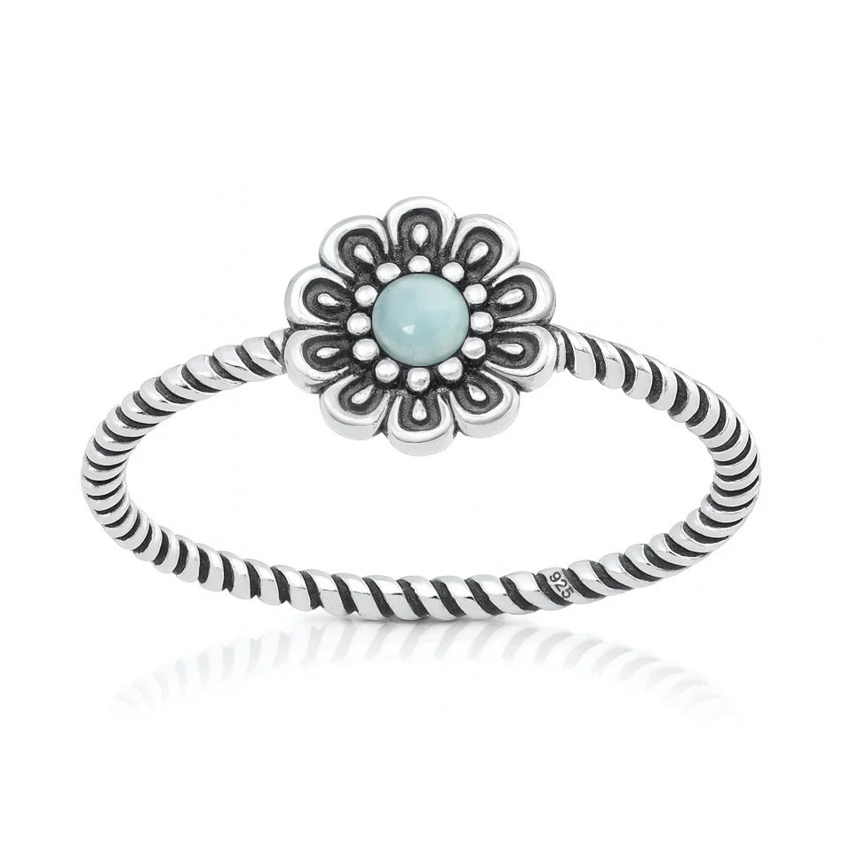 Sterling Silver Oxidized And Polished Flower Larimar Ring