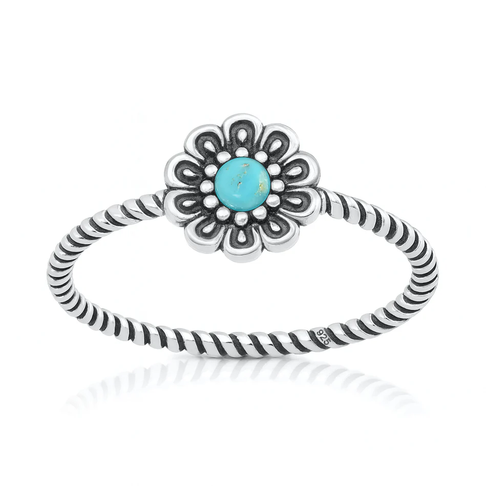 Sterling Silver Oxidized And Polished Flower Genuine Turquoise Stone Ring