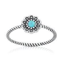 Load image into Gallery viewer, Sterling Silver Oxidized And Polished Flower Genuine Turquoise Stone Ring