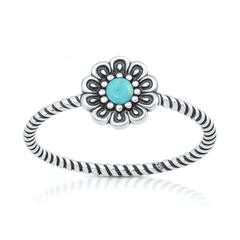 Sterling Silver Oxidized And Polished Flower Genuine Turquoise Stone Ring