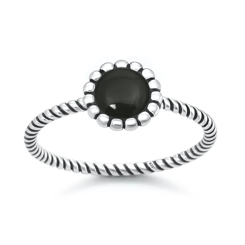 Sterling Silver Oxidized And Polished Flower Black Onyx Stone Ring
