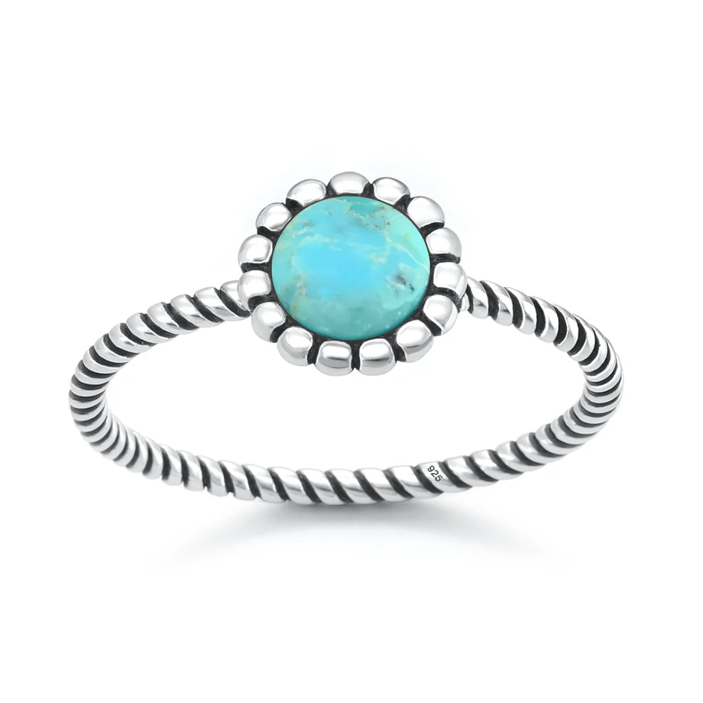Sterling Silver Oxidized And Polished Flower Turquoise Stone Ring