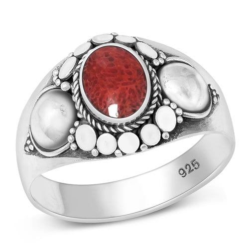 Sterling Silver Oxidized And Polished Red Coral Bali Style Ring