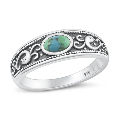Sterling Silver Oxidized 7.4mm Genuine Turquoise Stone Ring