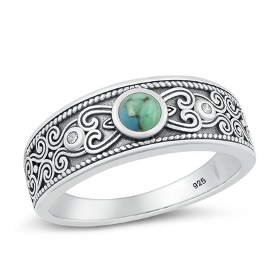 Sterling Silver Oxidized 7.3mm Genuine Turquoise Stone Ring
