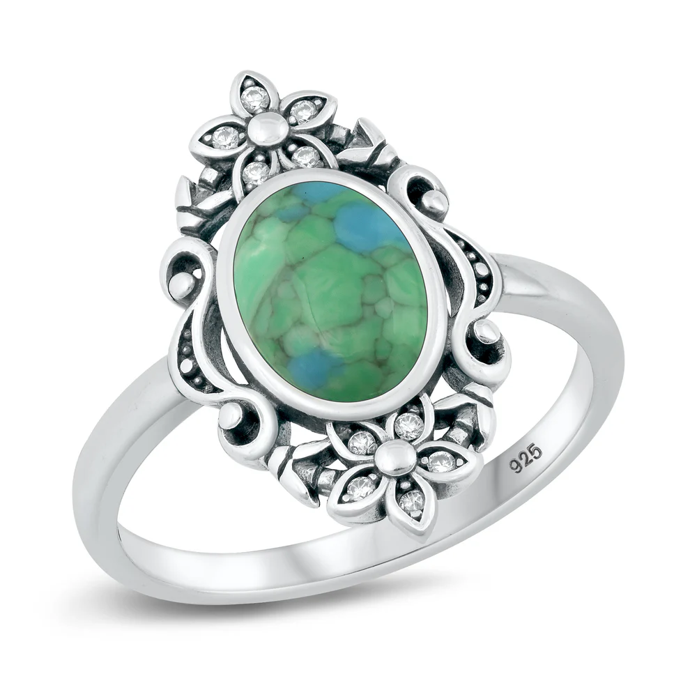 Sterling Silver Oxidized Flowers Genuine Turquoise And Clear CZ Stone Ring