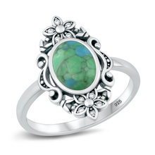 Load image into Gallery viewer, Sterling Silver Oxidized Flowers Genuine Turquoise And Clear CZ Stone Ring