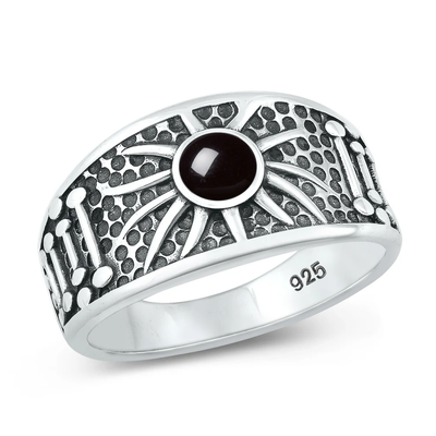 Sterling Silver Oxidized 12.5mm Sun Black Agate Stone Ring