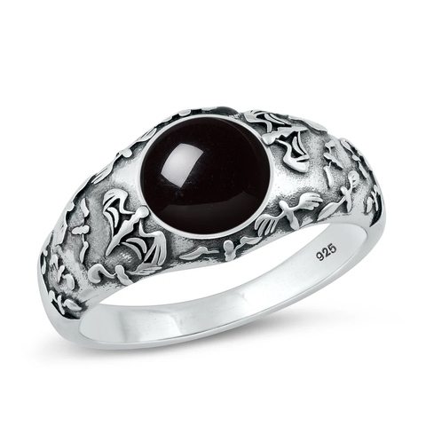 Sterling Silver Oxidized Angels And Round Black Agate Stone Ring