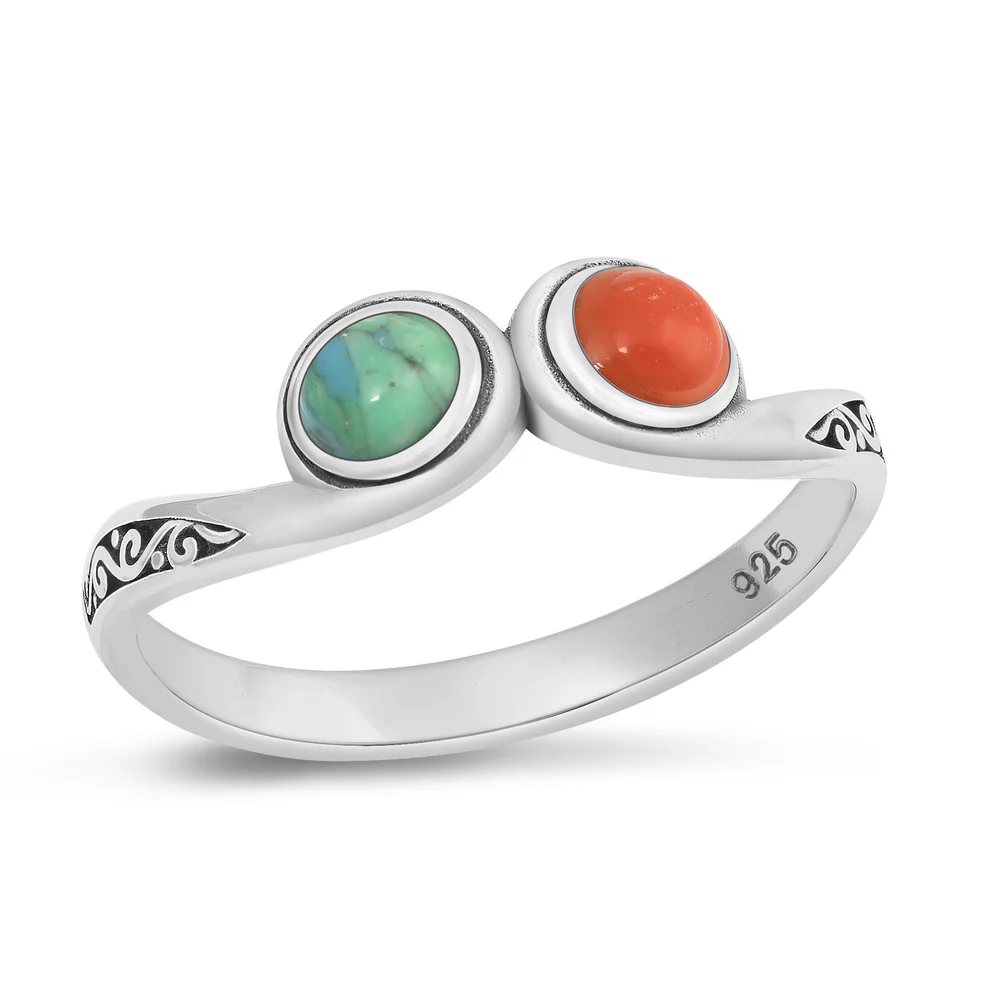 Sterling Silver Oxidized Turquoise and Red Coral Stone Ring