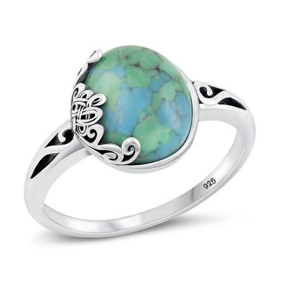 Sterling Silver Oxidized Round Floral Border Genuine Turquoise Stone Ring