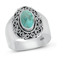 Load image into Gallery viewer, Sterling Silver Oxidized Oval Genuine Turquoise Bali Style Stone Ring
