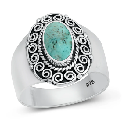 Sterling Silver Oxidized Oval Genuine Turquoise Bali Style Stone Ring