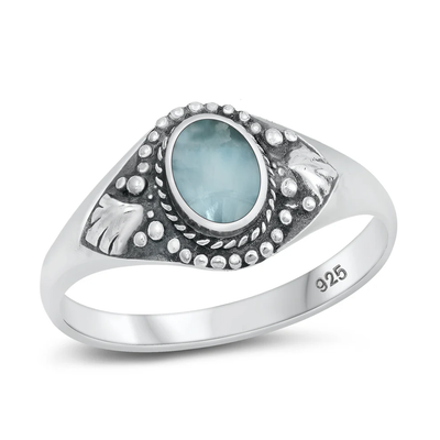 Sterling Silver Oxidized Oval Natural Larimar Bali Style Stone Ring