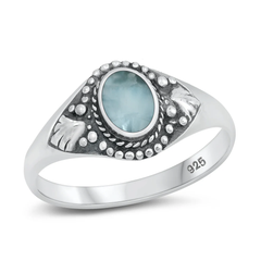 Sterling Silver Oxidized Oval Natural Larimar Bali Style Stone Ring