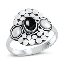 Load image into Gallery viewer, Sterling Silver Oxidized Oval Black Agate Bali Style Stone Ring