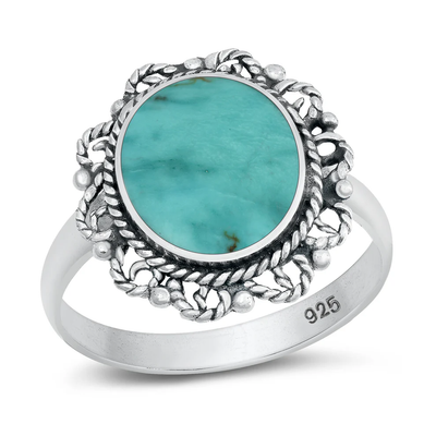 Sterling Silver Oxidized Genuine Turquoise Bali Style Stone Ring