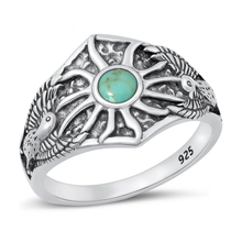 Load image into Gallery viewer, Sterling Silver Oxidized Phoenix Bird And Sun Genuine Turquoise Stone Ring