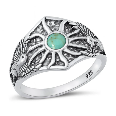 Sterling Silver Oxidized Phoenix Bird And Sun Genuine Turquoise Stone Ring