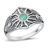 Sterling Silver Oxidized Phoenix Bird And Sun Genuine Turquoise Stone Ring