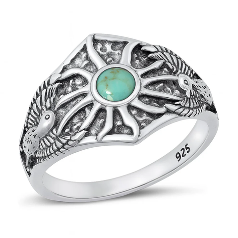 Sterling Silver Oxidized Phoenix Bird And Sun Genuine Turquoise Stone Ring
