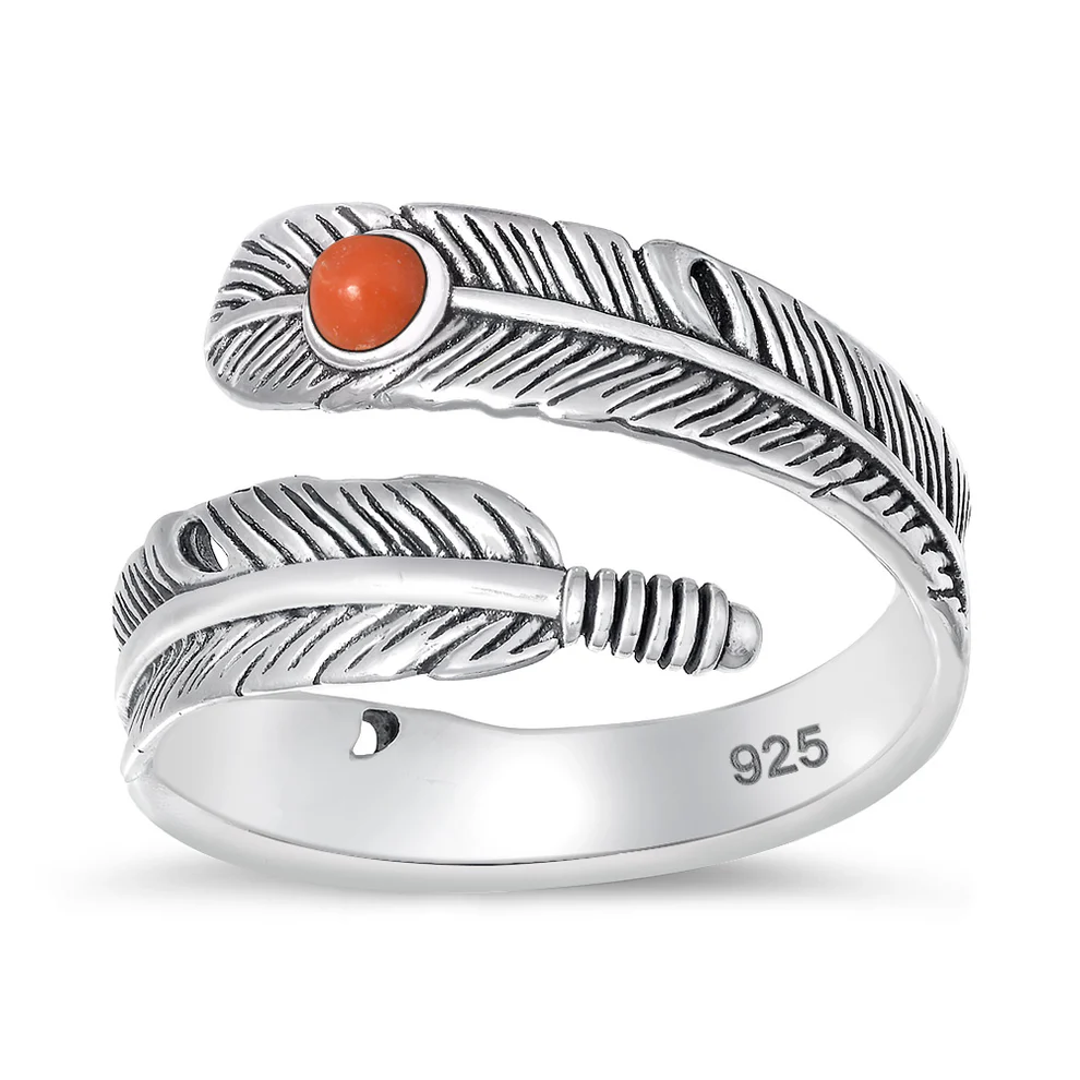 Sterling Silver Oxidized Feather Red Coral Stone Ring