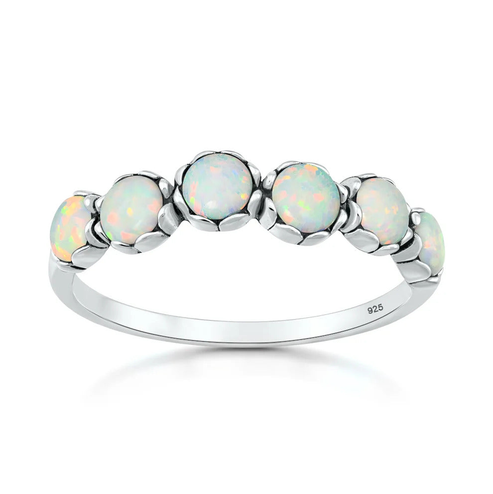 Sterling Silver Oxidized And Polished Rounds White Lab Opal Ring
