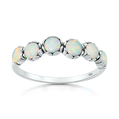 Sterling Silver Oxidized And Polished Rounds White Lab Opal Ring