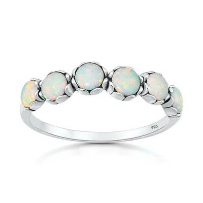Sterling Silver Oxidized And Polished Rounds White Lab Opal Ring