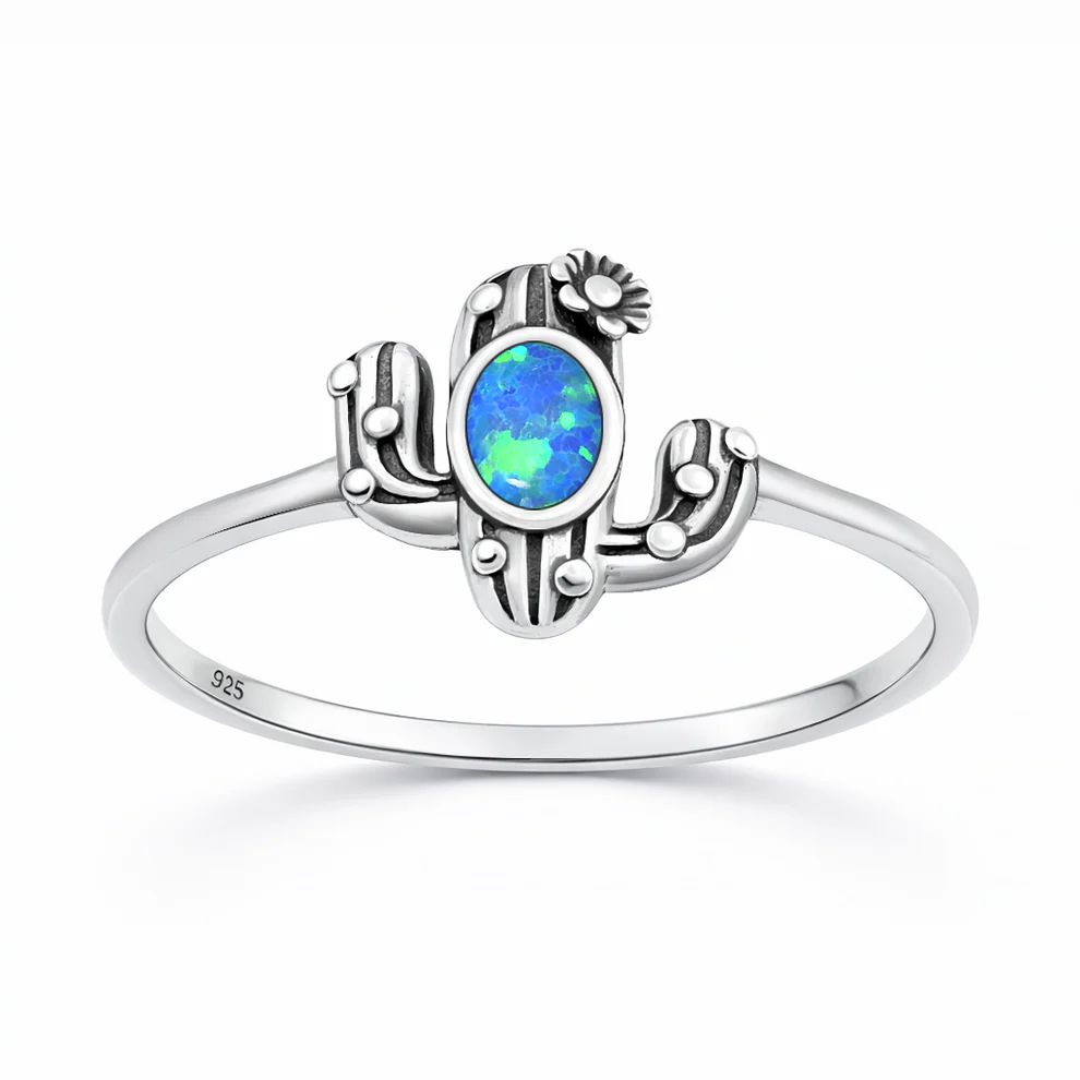 Sterling Silver Oxidized And Polished Cactus Blue Lab Opal Ring
