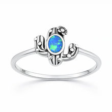 Load image into Gallery viewer, Sterling Silver Oxidized And Polished Cactus Blue Lab Opal Ring
